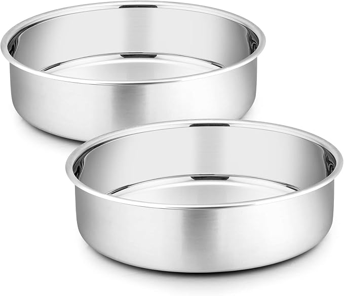 P&P CHEF 8 Inch Cake Pan Set of 2, Stainless Steel Round Baking Cake Pans | For Baking Serving, Non Toxic & Healthy, Leak-proof & Easy Clean, Mirror Finish & Easy Releasing, Oven & Dishwasher Safe