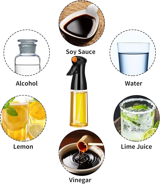 Glass Oil Sprayer, 7oz Olive Oil Mister, Food Grade Portable Refiilable Oil Vinegar Spritzer Sprayer Bottles for Air Fryer, Kitchen, Salad, Baking, BBQ, Frying(black)
