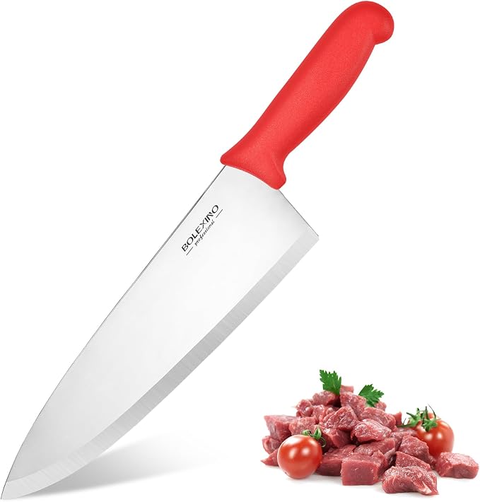 10" Professional Chef Knife, High Carbon Steel, Ergonomic (Red) | 10" High Carbon Stainless Steel,Versatile wide-blade chef knife,Non-Slip Ergonomic Handle,Durable, Stain-Resistant & Sharp.