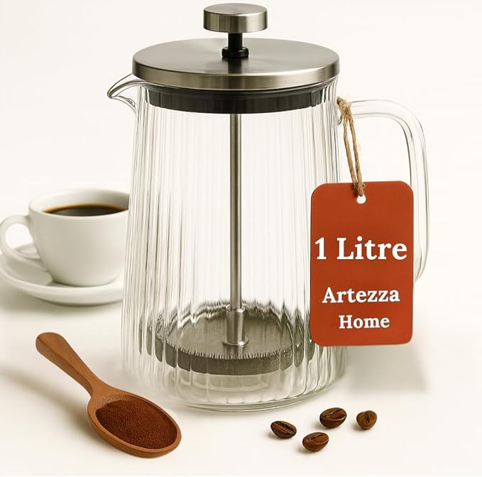 Glass French Press Coffee Maker, Heat Resistant Borosilicate Glass (34oz Ribbed)