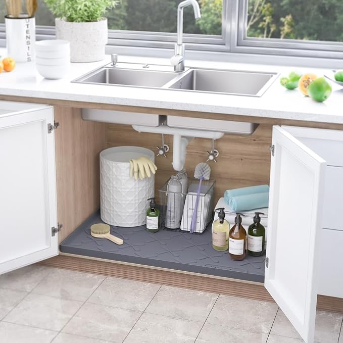 Waterproof Under Sink Mat Silicone 40"x19", Kitchen Cabinet Liner | BPA-Free Silicone Mat with Raised Lip Protects Cabinets from Leaks, Versatile Home Organizer for Bathroom, Pets, Boots, Floor