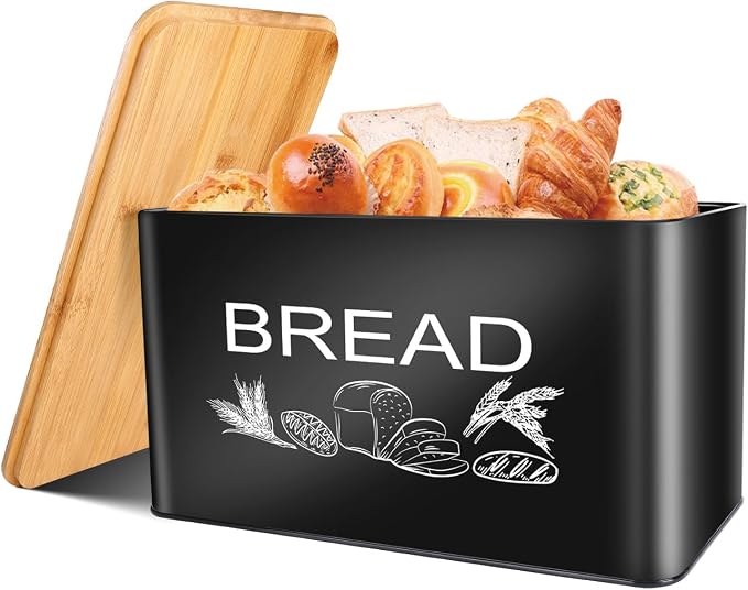 JIGUOOR Black Bread Box, Extra Large Space Saving Vertical Metal Bread Box | with Wooden Cutting Board Lid, Holds 3 Loaves, Farmhouse Kitchen Bread Storage, Kitchen Parts Box 12.99" x 7.08" x 7.08"