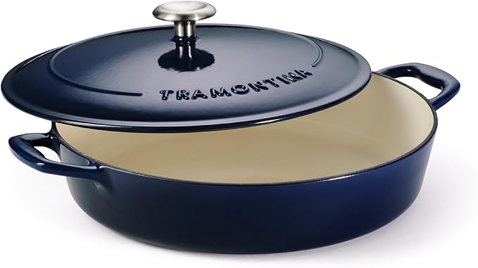 Tramontina Bestow Enameled Cast Iron 4-Qt Braiser Pan with Lid, Blue | Oven-to-Table Casserole Dish, Great for Shallow Braises & Simmers