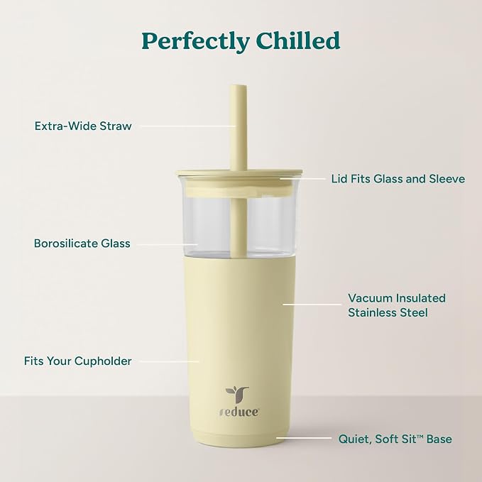 REDUCE Aspen - 20oz Vacuum Insulated Glass Tumbler - Extra Wide Straw & Lid | Keeps drinks cold for 12 hours, ideal for iced coffee, smoothies & boba, dishwasher safe, soft base