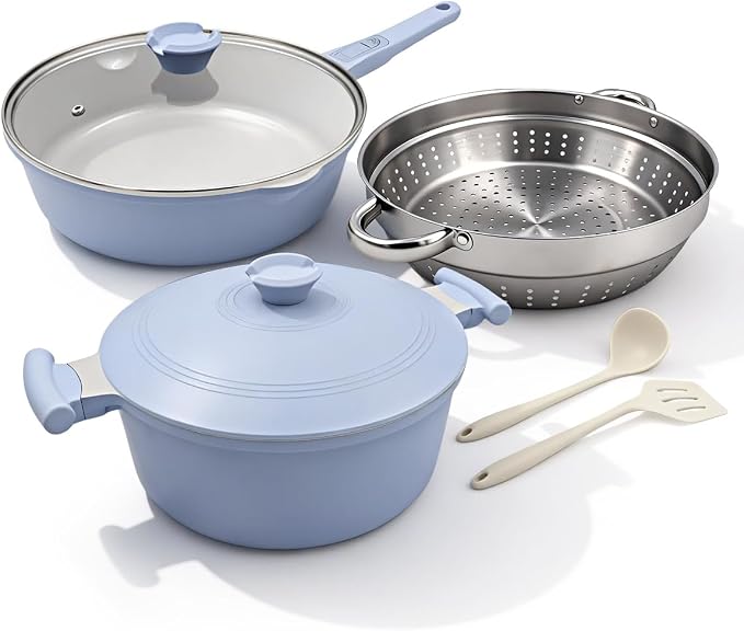 AIKENBBKK Pots and Pans Set Non Stick, Ceramic Cookware Set, Nonstick Steamer Pot and Pan for Cooking, Kitchen Cooking Set Non Toxic, Induction Compatible, Detachable Handle, Oven Safe, PFOA Free,Blue
