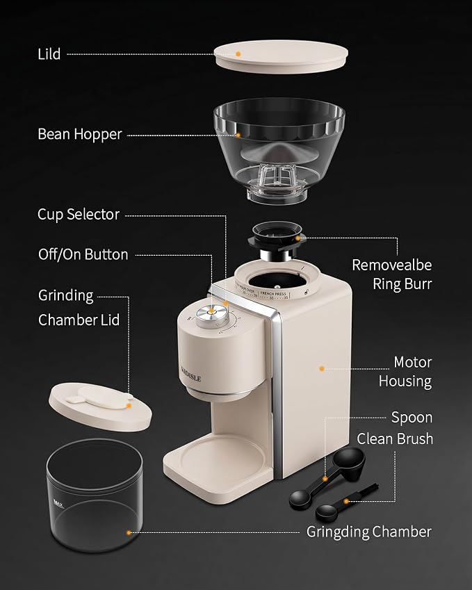 KIDISLE Conical Burr Coffee Grinder 2.0, Electric Coffee Bean Grinder for Precise Grinding, 35 Settings, 2–12 Cup Selector, Anti-Static Design for Home Use, Beige