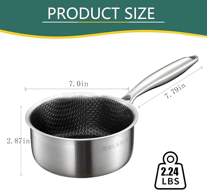 DELARLO Tri-Ply Stainless Steel Hybrid Non Stick Saucepan 1.5 Quart | Small Sauce Pot, Induction Cooking Saucier, Honeycomb Heavy Duty Sauce Pan Cookware, PFOA&PTFE Free