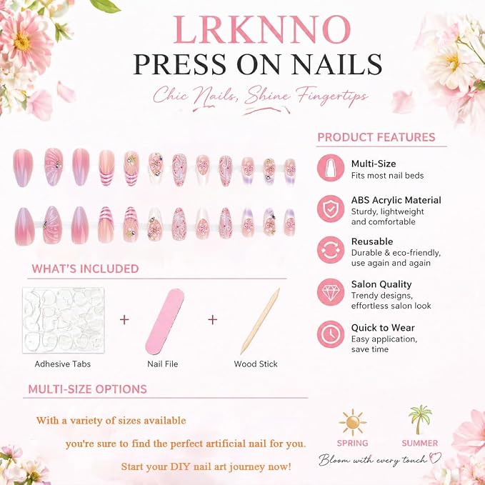 Summer French Tip Press on Nails Long Almond Pink Gradient Fake Nails 3D Floral Nails with Starfish Rhinestone Designs Vacation Beach False Nails Full Cover Artificial Nails for Women Manicure 24Pcs