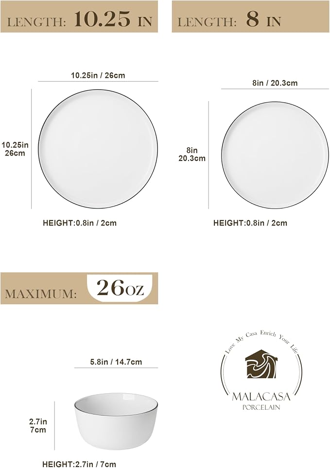 MALACASA 18-Piece Dinnerware Set for 6, White Black-Rim Porcelain Dishes | High-Fired Porcelain, Chip and Scratch Resistant, Microwave and Dishwasher Safe, Dinner, Salad Plates and Cereal Bowls