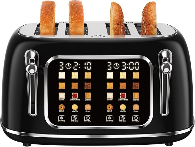 Mecity Toaster 4 Slice, Touch Screen Wide Slot Retro Toaster For Breads Bagel Muffin Waffle, House Warming Gift New Home, 120V 1650W, Jet Black