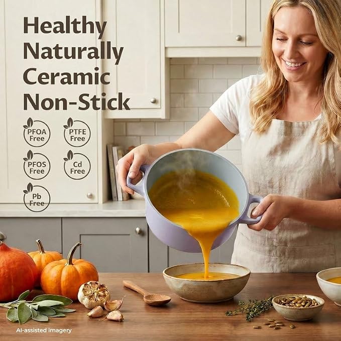 BEZIA 5.7 QT Lightweight Ceramic Nonstick Dutch Oven with Lid, Stock Pot | Versatile Cooking Pot for Soup, Family Stew & Braising, Oven Safe Casserole, Induction Ready, Easy to Clean, for 3-5 People