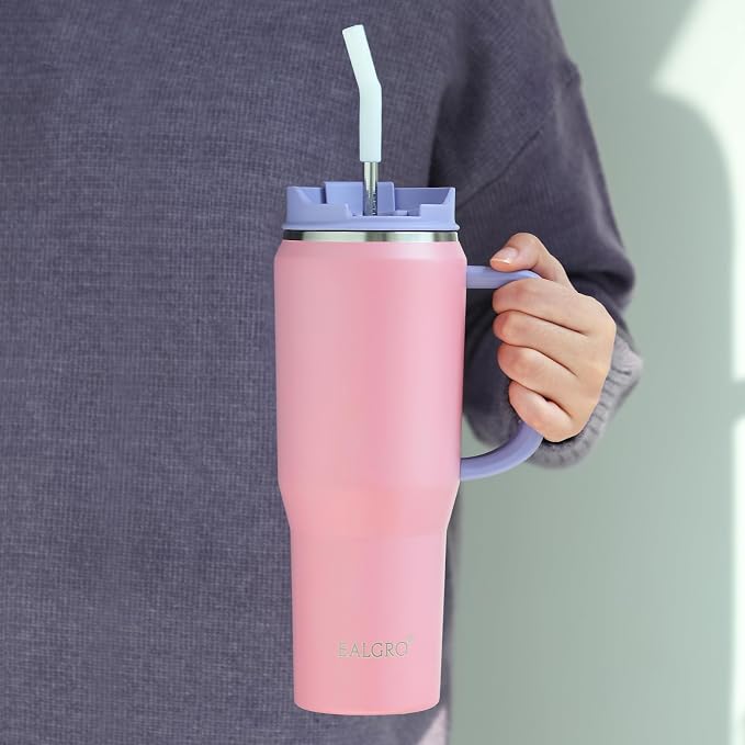 EALGRO 40 oz Tumbler with Handle, Insulated Tumblers with Lid and Straw | Leakproof Large Metal Sports Water Bottle Jug, Stainless Steel Travel Coffee Mug, Double Wall Vacuum Thermal Cup, Blush