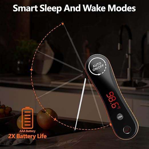 Meat Thermometer Digital, 0.6s Instant Read Cooking Thermometer for Grill | Foldable Probe BBQ Thermometer with LED Display, Auto On/Off & Lock Function for Kitchen, Deep Fry, Roast