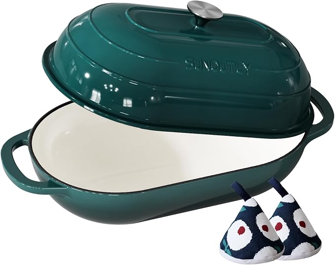 Enameled Cast Iron Bread Oven, 5QT Cast Iron Dutch Oven for Homemade Sourdough Bread Baking, Oval Bread Pot with Dome Lid & Cotton Potholders, Bottle Green