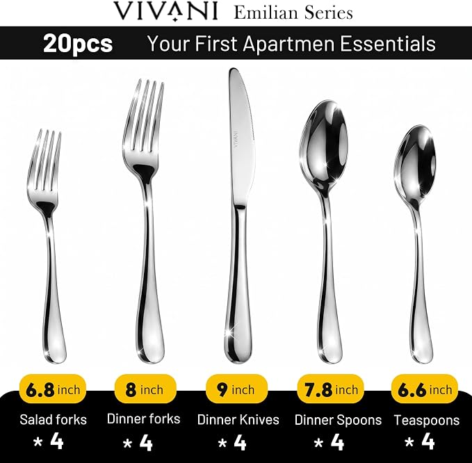 VIVANI 20-Piece Silverware Set for 4, 18/0 Stainless Steel Flatware Set | Dishwasher safe cutlery, ergonomic handle, mirror polished, rust resistant for everyday use, small household, family dinner