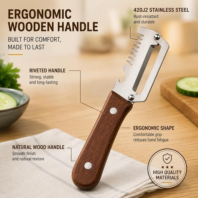 Vegetable Peeler Set of 2 with Julienne Cutter and Natural Wood Handle | 3-in-1 Vegetable & Potato Peeler, Ultra-Sharp Stainless Steel Blade, Bottle Opener for Added Convenience, Kitchen Gadgets