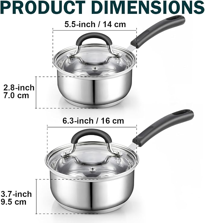 Cook N Home Professional 1 Quart and 2 Quart Stainless Steel Saucepan Set with Lids, Small Kitchen Induction Cooking Sauce Pot Pan, Stay-Cool Silicone Handle, Dishwasher Safe