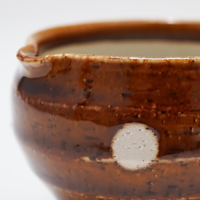 Traditional Japanese Mini Sesame Seed Grinder with Pestle - Mino Takada-yaki Ceramic - Deep Amber - Ideal for Dressings and Sauces (Candy Polka Dot Brown)