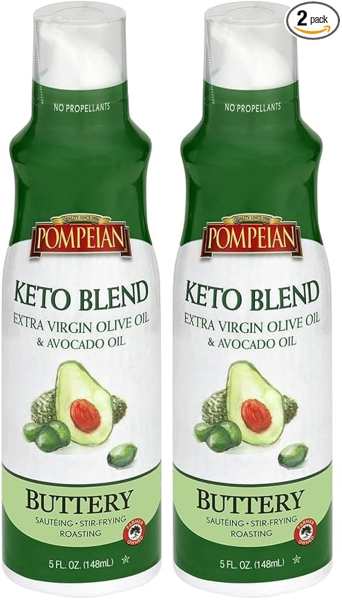 Pompeian Keto Extra Virgin Olive Oil & 100% Avocado Oil Cooking Spray, Buttery Flavor, Perfect for Sauteing, Stir-Frying, and Roasting, Naturally Gluten Free, Non-Allergenic, Non-GMO, No Propellants, 5 FL. OZ., Single Bottle