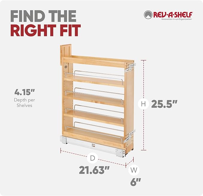 Rev-A-Shelf Maple Pullout Organizer w/Blum Soft-Close for Base Cabinets, Full Extension Slides & Adjustable Shelves Rack, Min Opening Width of 5.5", 448-BCSC-5C