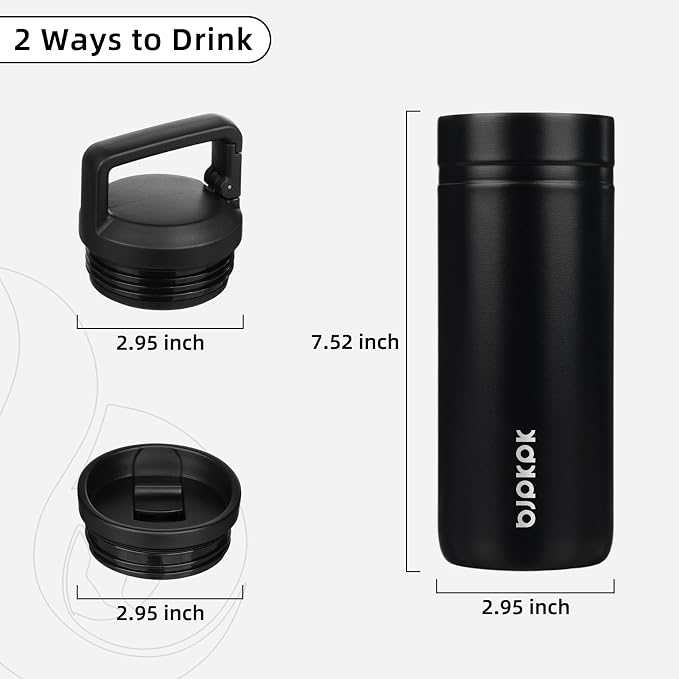 BJPKPK 20 oz Insulated Travel Water Bottle, Coffee Tumbler Stainless Steel | Double Wall Vacuum, Leakproof, Thermal, Keeps Hot/Cold, BPA Free, Dishwasher Safe, Spill Proof, Wide Mouth, 2 Lids, Black