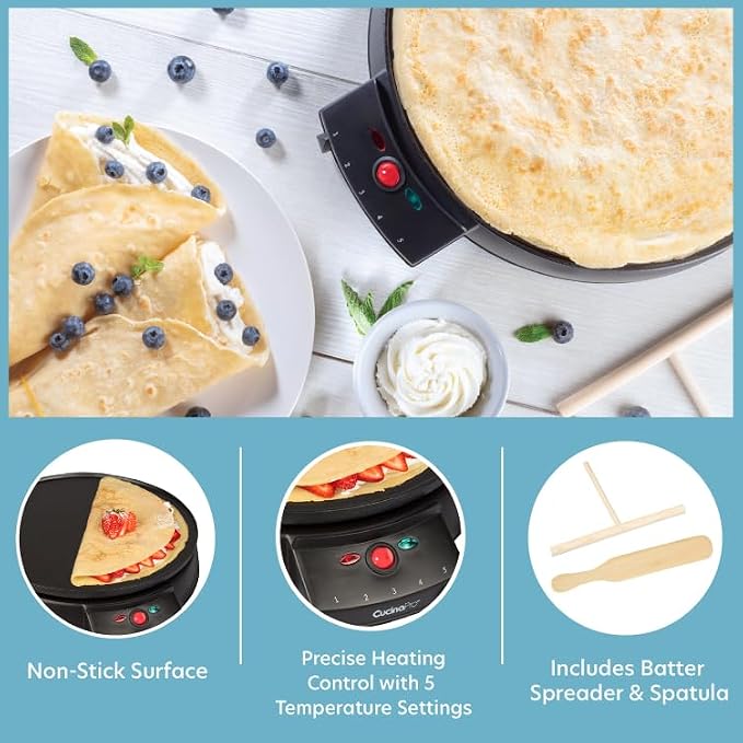 CucinaPro 12" Crepe Maker, Non-Stick Electric Griddle Pan w Batter Spreader | Dual Use Hot Plate for Breakfast Brunch, Blintzes, Eggs, Pancakes- Portable, Adjustable Temp Settings, Includes Recipe Guide