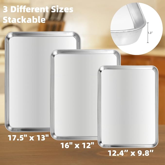 Baking Sheet Set of 3, Stainless Steel Baking Pans, 12/16/17.5 Inch | Heavy-Duty Cookie Sheets Cooking Trays for Oven, 3 Different Sizes