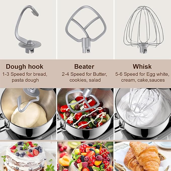 Electric Stand Mixer With Bowl 6.5QT Stainless Steel, 10 Speeds Kitchen Stand Up Mixer for Baking Cakes Cookie Bread Salad Food with Egg Whisk, Dough Hook, Flat Beater - Portable Baking Mixers