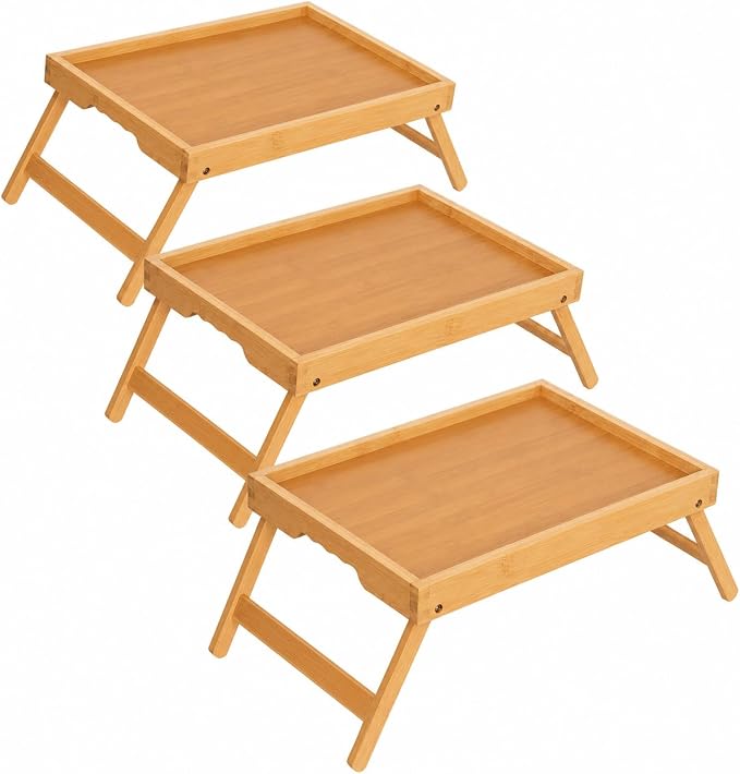 Bamboo Breakfast Trays with Folding Legs, 3 Pack, Large, Natural | 3 large natural bamboo breakfast trays with folding legs, raised edges and side grips for meals, laptops, snacks and serving.