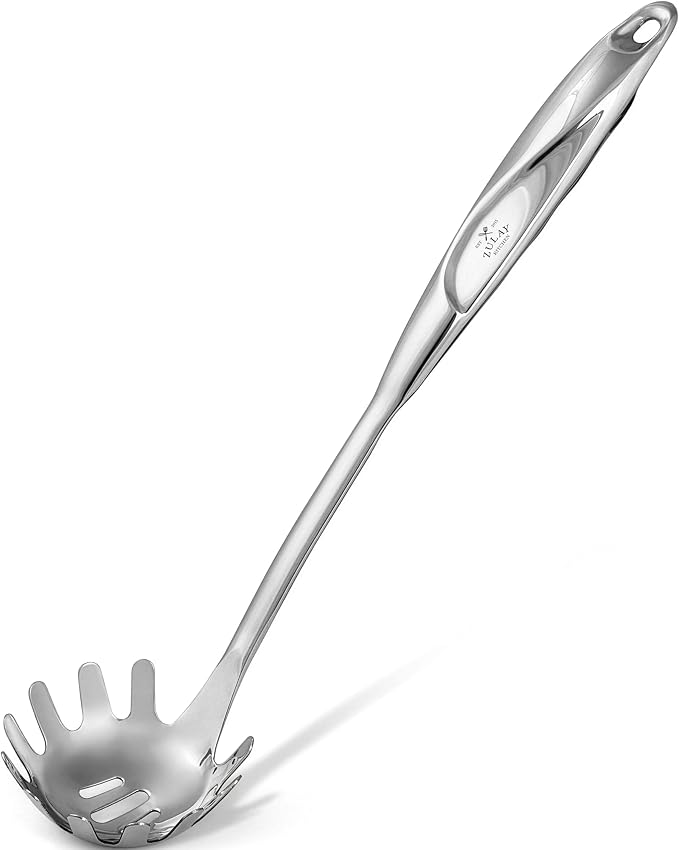 Zulay Kitchen Stainless Steel Pasta Spoon | 12” Spaghetti Server with Teeth & Draining Holes - Rust-Resistant Pasta Fork for Noodles & Pasta - Dishwasher Safe Utensil