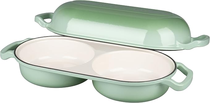 Enameled Cast Iron Double Dutch Oven with Lid, Dual Round Loaf Pan, Bread pan for Homemade Sourdough Bread Baking, Green