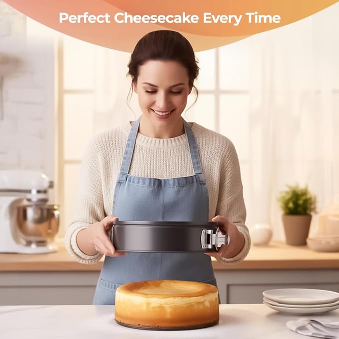 RFAQK 10 Inch Springform Pan Nonstick Leakproof - Spring Form Pan for Cheesecake with Removable Bottom, Include 50pcs Parchment Paper, Recipe E-Book - Perfect for Baking Cheese Cakes, Pizzas, & More!