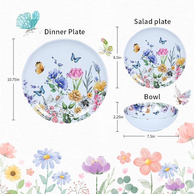 12 Piece Melamine Dinnerware Sets - Plates And Bowls Sets Floral | Dinnerware Sets- Spring Camping Dishs Indoor Outdoor Use,Flowers And Butterflies Pattern Tableware Lightweight Service for 4