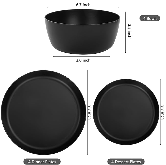 EjonirInjonir 12pcs Black Plates and Bowls Sets for 4 Unbreakable Outdoor | Reusable Stackable Black Plastic Plates and Bowls Sets for Outdoor Catering, RV Camping, College Dorms & Special Parties