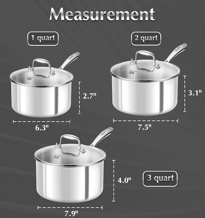 KOCH SYSTEME CS Triply Stainless Steel Saucepan Set, 1QT & 2QT & 3QT Stainless Steel Pot Set with lid, Diswasher & Oven Safe, Induction Compatible Pot, 6PCS