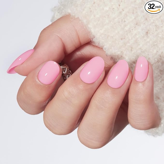modelones Sakura Pink Short Press on Nails, Oval Fake Nails Kit | Press Ons with Nail Glue, Adhesive Tabs, Nail File, Prep Pad, Manicure Stick, 32Pcs 16 Sizes, Summer Summer Women Girl Gift