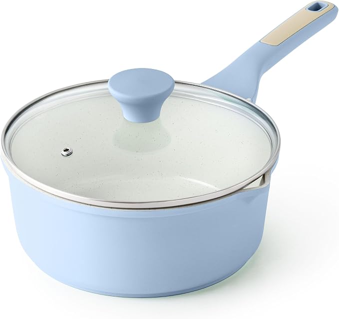 SENSARTE Ceramic Nonstick Saucepan with Double Pouring Spout, 3QT, Blue | Cooking Pot with Stay Cool Handle, Induction Compatible, Ceramic Coating, PFOA/PFAS/PTFE Free
