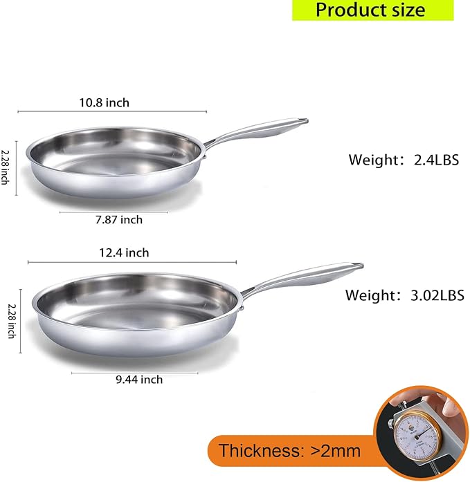 DELARLO Tri-Ply Stainless Steel Pan,18/10, 10",12" | Nontoxic Durable Oven Safe 800℉ All Cooktops Compatible Fast Even Heat PFOA Free Large Frying Pan Nontoxic Cookware