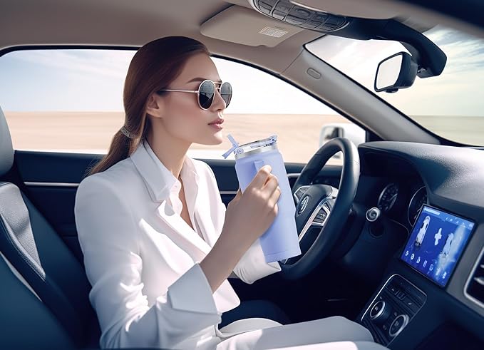 Meoky 32 oz Tumbler with Handle, Insulated Tumbler with Lid and Straw, Stainless Steel Travel Mug, Keeps Cold for 24 Hours, 100% Leak Proof, Fits in Car Cup Holder (Lilac)