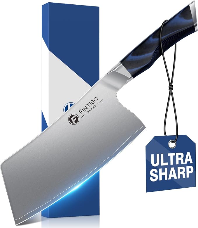 FINTISO Cleaver Knife 7 In, Kitchen Butcher Knife with G10 Ergonomic Handle, High Carbon Steel Vegetable Meat Cleaver, Heavy Duty Bone Chopper for Home and Restaurant