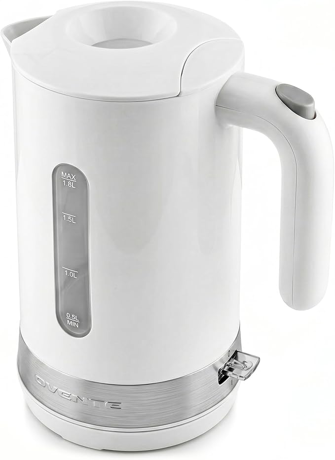 OVENTE 1.8L Electric Kettle with 1500W Fast Boiling Heater, White KP413W | Best For Coffee or Tea, BPA-Free, Easy-Fill Lid, Water Level Window, Auto Shut-Off & Boil-Dry Protection, Removable Filter