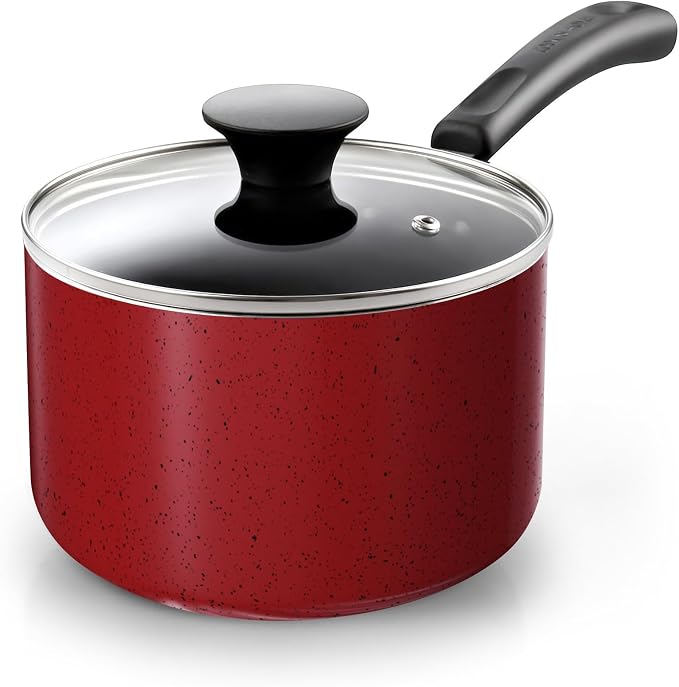 Cook N Home Basic 2 Quart Nonstick Saucepan with Glass Lid, Small Non Stick Aluminum Sauce Pan, Multi-Purpose Milk Chocolate Cooking Pot with Stay-Cool Handle, Marble Red | Small Non Stick Aluminum Sauce Pan, Multi-Purpose Milk Chocolate Cooking Pot wi...
