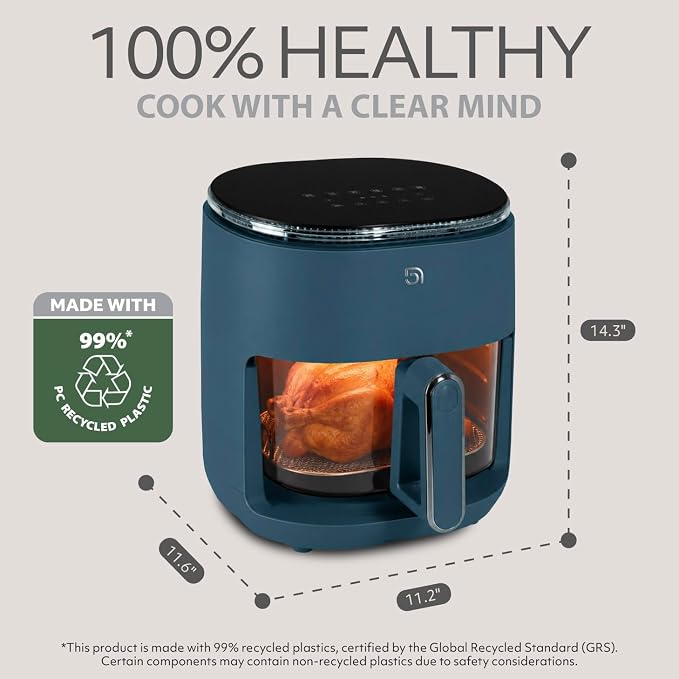 WILLOW Eco Series Glass Air Fryer, 5 Quart Non-Toxic Air Fryer with Glass Basket, 6 One-Touch Presets, 1500W Digital Display, 430°F Max Temp, Preheat & Keep Warm, Dishwasher Safe - Navy Blue