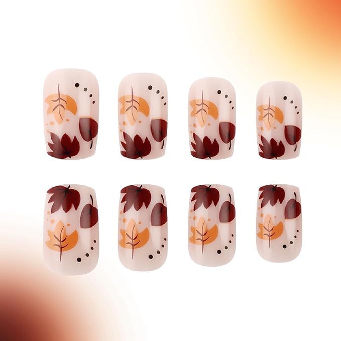 24 Pcs Fall Press on Nails Medium Square Fake Nails with Ombre Maple Leaves Glitter Designs Nails Press ons Brown Orange Acrylic Nails Autumn Stick on Nails for Women