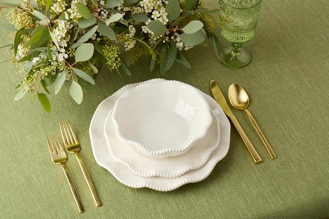 Perlette Off-White Beaded 12-Piece Dinnerware Set – Includes 4 Dinner Plates, 4 Salad Plates, 4 Bowls (7.5" x 2", 22 oz) – Elegant Unbreakable Melamine, Heavyweight, Perfect for Indoor/Outdoor Dining