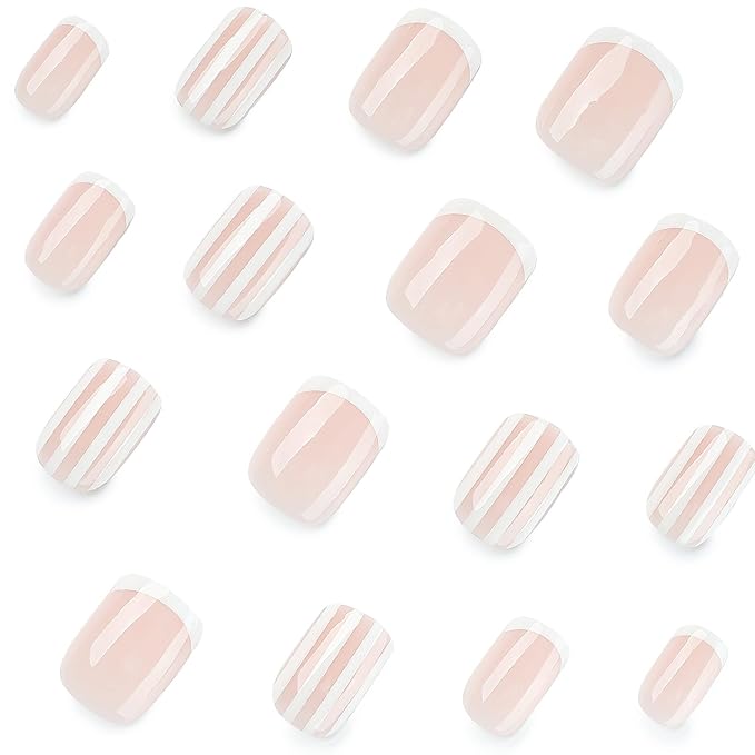 Short Square Fake Nails French Press on Nails with White Stripe Designs | Nude Full Cover False Nails Acrylic Nails Press Ons Glossy Stick On Nail Reusable Glue On Nail For Women 24Pcs