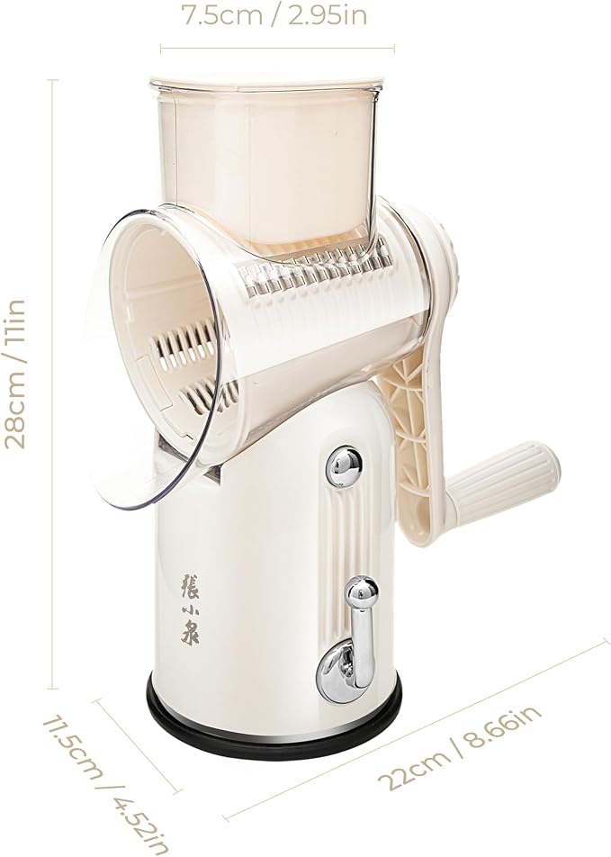 5 in 1 Rotary Cheese Grater, Beige Hand Crank Vegetable Cutter with 5 Stainless Steel Interchangeable Blades, Mandoline Slicer for Potatoes Onions Veggies Nuts