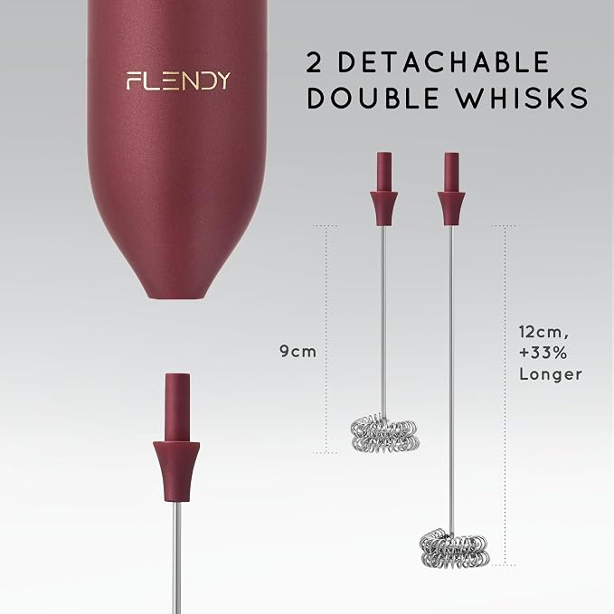 Flendy Rechargeable Milk Frother Handheld with Charging Stand | USB-C Charging Dock, 2 Detachable Double Whisk, Extra Long Mixer Wand, Wall Mount, Top Button, Compact Electric Stirrer