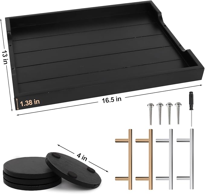 SXNOWS Wood Serving Tray with 2 Sets of Handles,Black | Rectangle 16.5x13 Inch Ottoman Decorative Tray Platter for Coffee Table Living Room Bar Home Decor, 4 Coasters Included