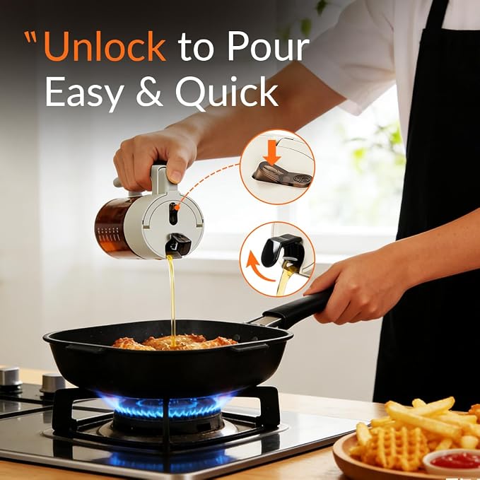 2 in 1 Oil Sprayer & Dispenser for Cooking, 500ml Light-Blocking Glass Olive Oil Bottle with Gravity Sensing Cap, Ergonomic Push-Button Design for Air Fryer, BBQ, Salad